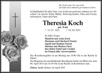 Traueranzeige von Theresia Koch von Südthüringer Presse