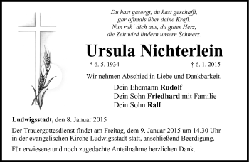 Traueranzeige von Ursula Nichterlein von Neue Presse Coburg