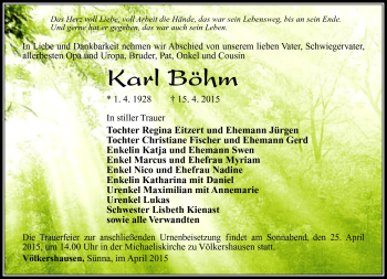Traueranzeige von Karl Böhm von Südthüringer Presse