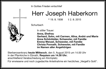 Traueranzeige von Joseph Haberkorn von Frankenpost