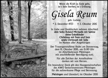 Traueranzeige von Gisela Reum von Südthüringer Presse