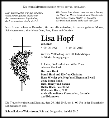 Traueranzeige von Lisa Hopf von Südthüringer Presse