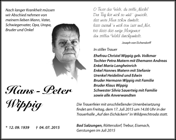 Traueranzeige von Hans-Peter Wippig von Südthüringer Presse