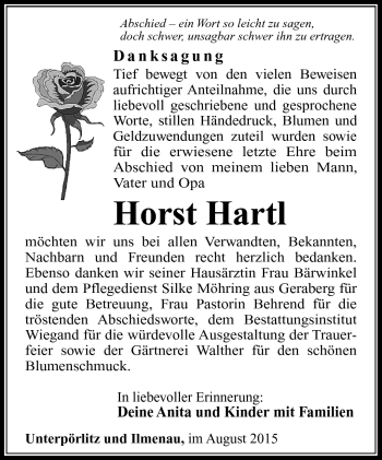 Traueranzeige von Horst Hartl von Südthüringer Presse