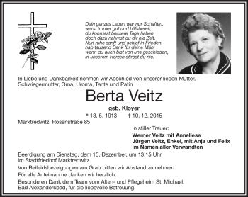 Traueranzeige von Berta Veitz von Frankenpost