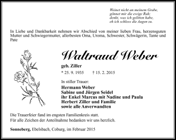 Traueranzeige von Waltraud Weber von Südthüringer Presse