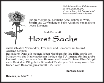 Traueranzeige von Horst Sachs von Südthüringer Presse