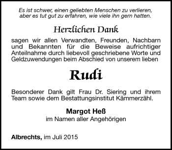 Traueranzeige von Rudi  von Südthüringer Presse
