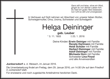 Traueranzeige von Helga Deininger von Neue Presse Coburg