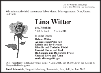 Traueranzeige von Lina Witter von Südthüringer Presse