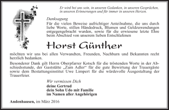 Traueranzeige von Horst Günther von Südthüringer Presse