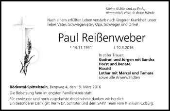 Traueranzeige von Paul Reißenweber von Neue Presse Coburg