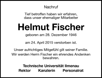 Traueranzeige von Helmut Fischer von Südthüringer Presse