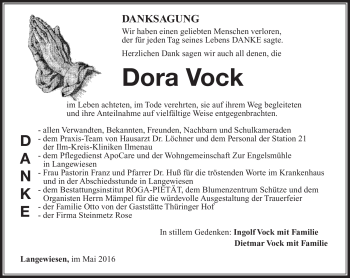 Traueranzeige von Dora Vock von Südthüringer Presse
