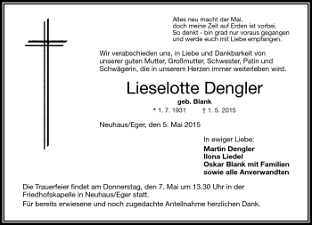 Traueranzeige von Lieselotte Dengler von Frankenpost