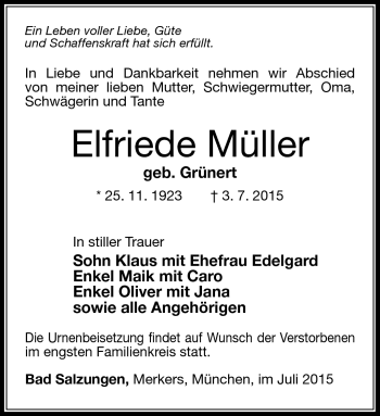 Traueranzeige von Elfriede Müller von Südthüringer Presse