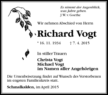 Traueranzeige von Richard Vogt von Südthüringer Presse