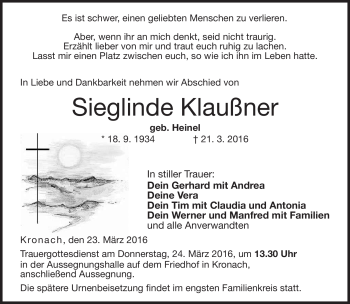Traueranzeige von Sieglinde Klaußner von Neue Presse Coburg