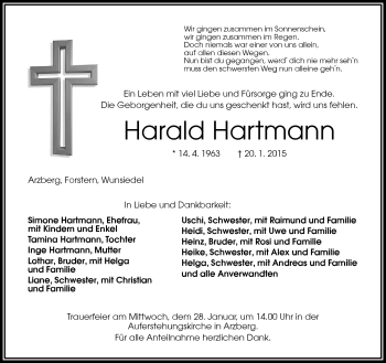 Traueranzeige von Harald Hartmann von Frankenpost