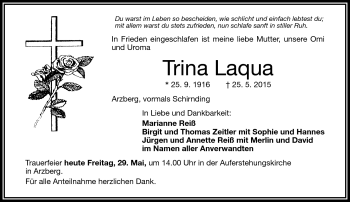 Traueranzeige von Trina Laqua von Frankenpost
