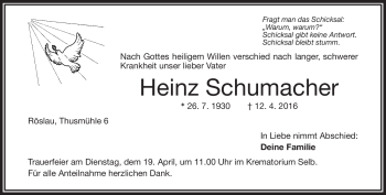 Traueranzeige von Heinz Schumacher von Frankenpost