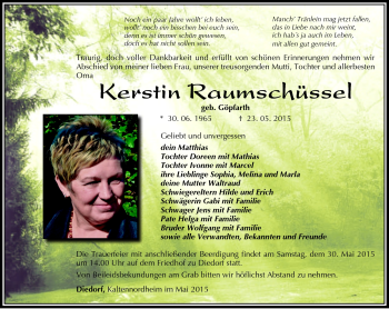 Traueranzeige von Kerstin Raumschüssel von Südthüringer Presse