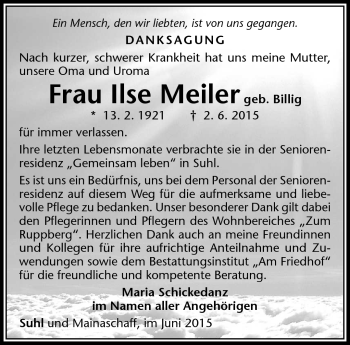 Traueranzeige von Ilse Meiler von Südthüringer Presse