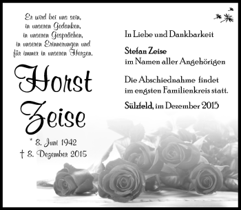 Traueranzeige von Horst Zeise von Südthüringer Presse