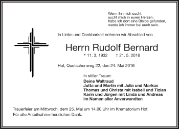 Traueranzeige von Rudolf Bernard von Frankenpost
