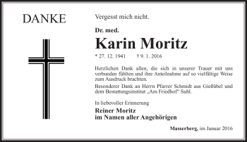 Traueranzeige von Karin Moritz von Südthüringer Presse