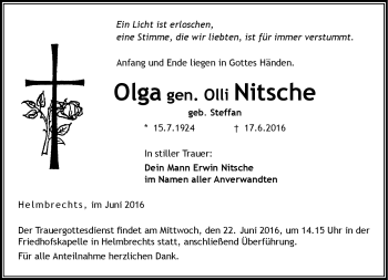 Traueranzeige von Olga gen. Olli Nitsche von Frankenpost
