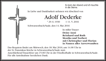 Traueranzeige von Adolf Dederke von Frankenpost