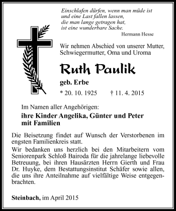 Traueranzeige von Ruth Paulik von Südthüringer Presse