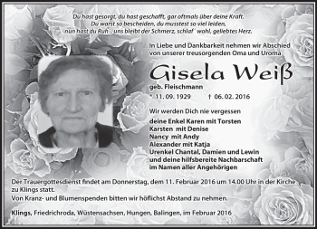 Traueranzeige von Gisela Weiß von Südthüringer Presse