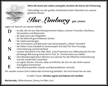 Traueranzeige von Ilse Limburg von Südthüringer Presse