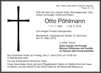 Traueranzeige von Otto Pöhlmann von Frankenpost