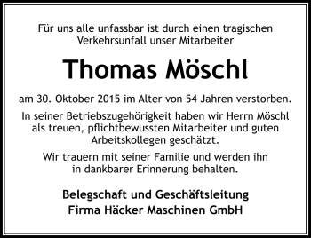 Traueranzeige von Thomas Möschl von Frankenpost
