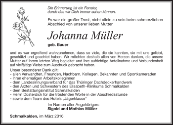 Traueranzeige von Johanna Müller von Südthüringer Presse