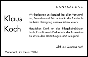 Traueranzeige von Klaus Koch von Südthüringer Presse