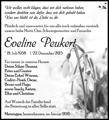 Traueranzeige von Eveline Peukert von Südthüringer Presse
