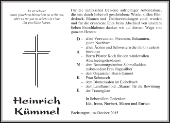 Traueranzeige von Heinrich Kümmel von Südthüringer Presse