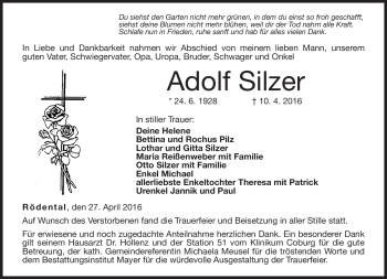 Traueranzeige von Adolf Silzer von Neue Presse Coburg
