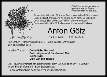 Traueranzeige von Anton Götz von Frankenpost