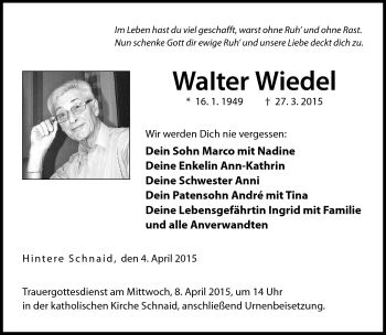 Traueranzeige von Walter Wiedel von Neue Presse Coburg