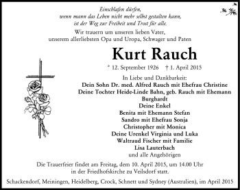 Traueranzeige von Kurt Rauch von Südthüringer Presse