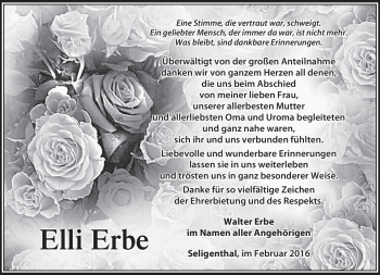 Traueranzeige von Elli Erbe von Südthüringer Presse
