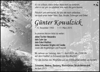 Traueranzeige von Güntzer Kowalzick von Südthüringer Presse