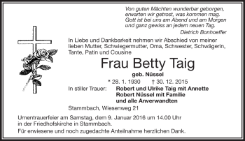 Traueranzeige von Betty Taig von Frankenpost
