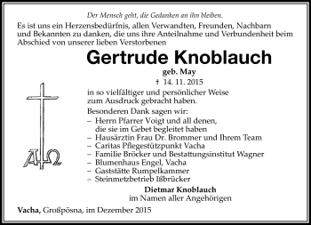 Traueranzeige von Gertrude Knoblauch von Südthüringer Presse