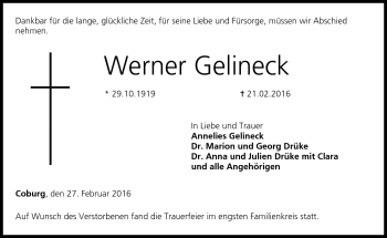 Traueranzeige von Werner Gelineck von Neue Presse Coburg